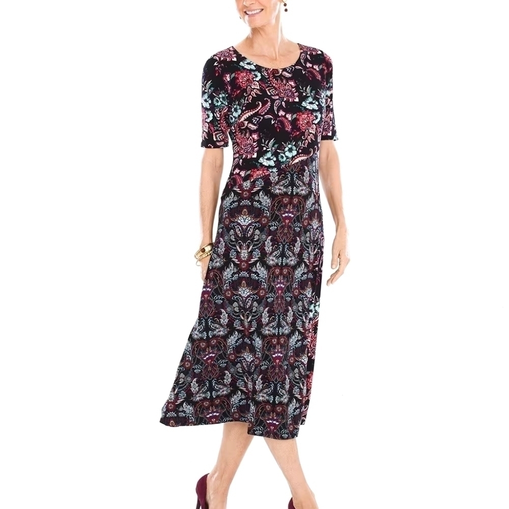 Chicos radiant floral elbow midi dress sz 0 us sz 4/6